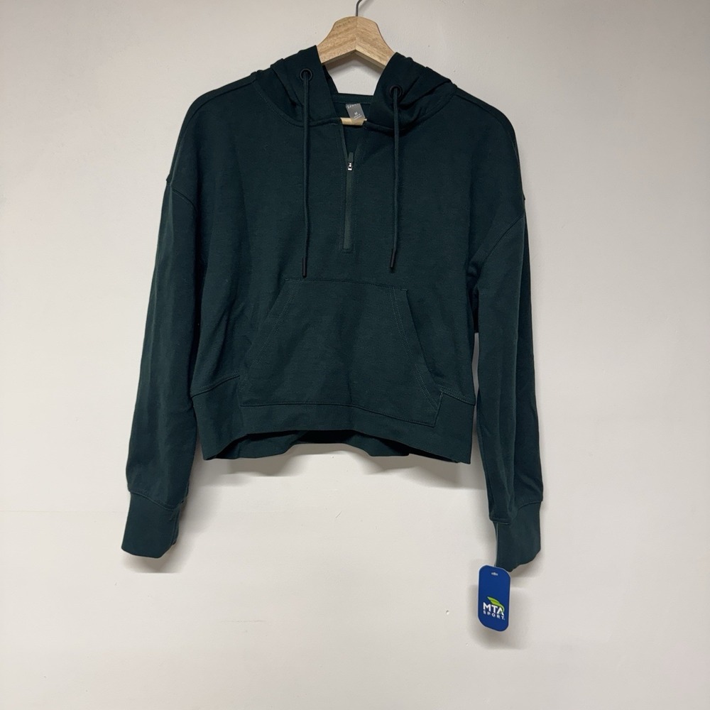 NWT MTA Sport Oversized Crop Hoodie Size M Women Green Quarter Zip Long Sleeve
